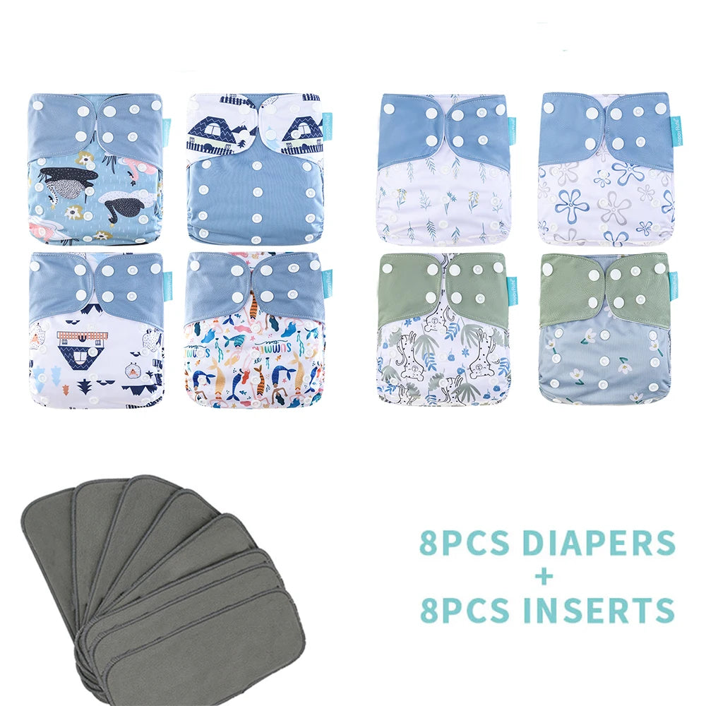 HappyFlute 8 diapers+8 Inserts  Baby Cloth Diapers One Size Adjustable Washable Reusable Cloth Nappy For Baby Girls and Boys