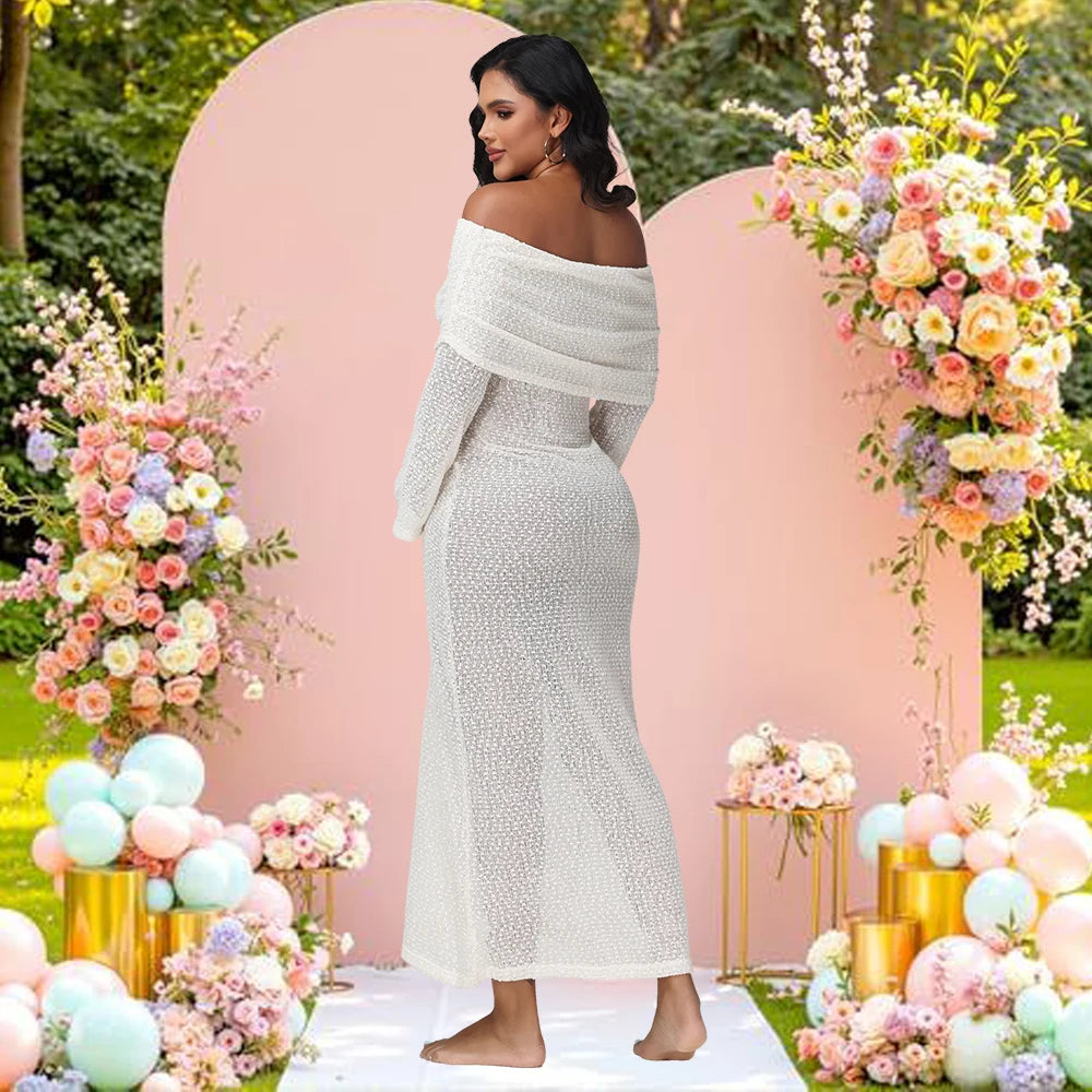Maternity Off Shoulder Long Sleeves Semi-Sheer Knit Solid Dress for Baby Shower Party Photoshoot