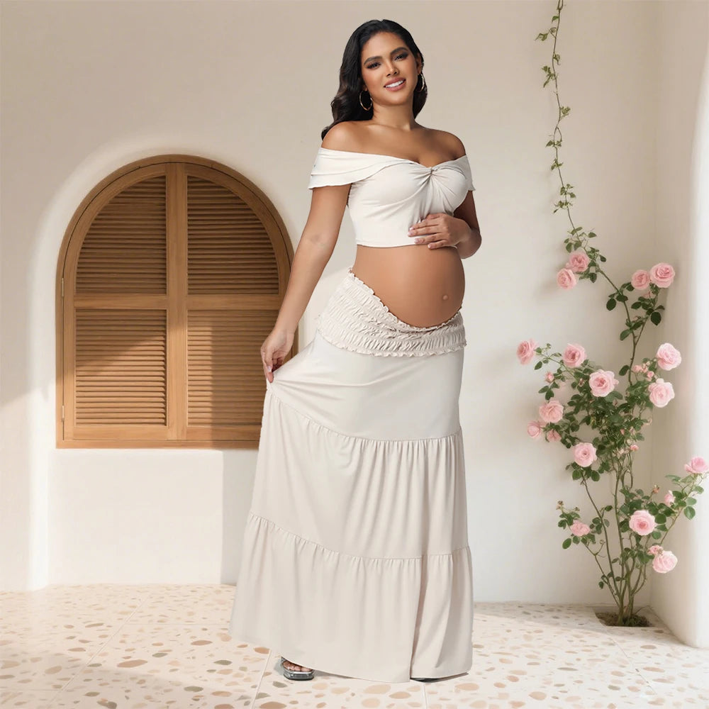 2 Piece Set Maternity Off Shoulder Twist Crop Top Ruffle Maxi Skirt Stretchy for Baby Shower Photoshoot Summer Beach Vacation