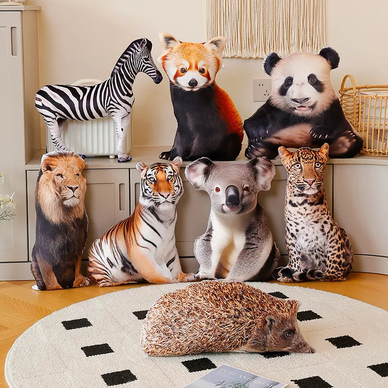 1pc 3D Simulated Forest Animal Throw Pillow Stuffed Lifelike Lion Fox Raccoon Zebra Tiger Sofa Bedroom Cushion Home Decor Kid Bi