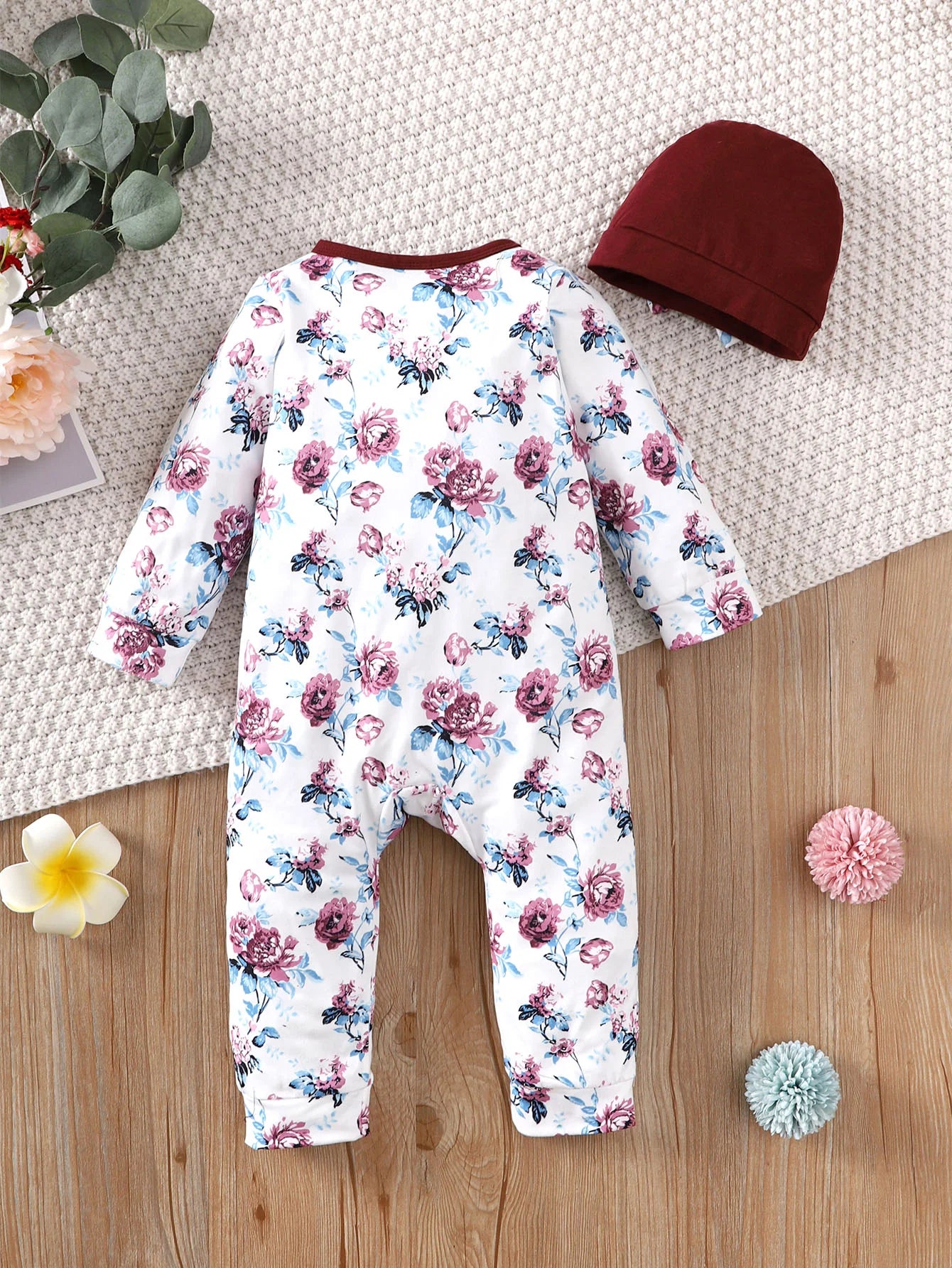 Baby girl Bodysuit open button floral full print long sleeved Bodysuit+Hat 0-24 months newborn Baby girl spring autumn Bodysuit