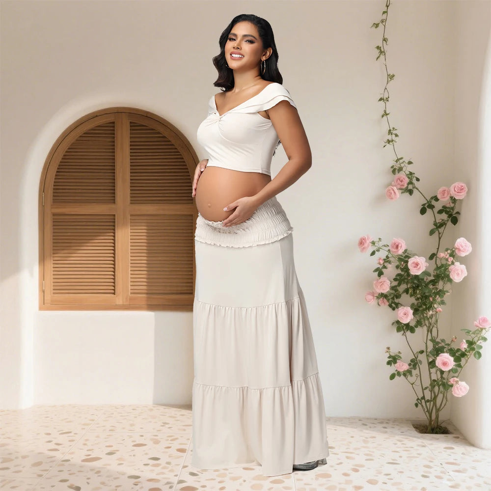 2 Piece Set Maternity Off Shoulder Twist Crop Top Ruffle Maxi Skirt Stretchy for Baby Shower Photoshoot Summer Beach Vacation