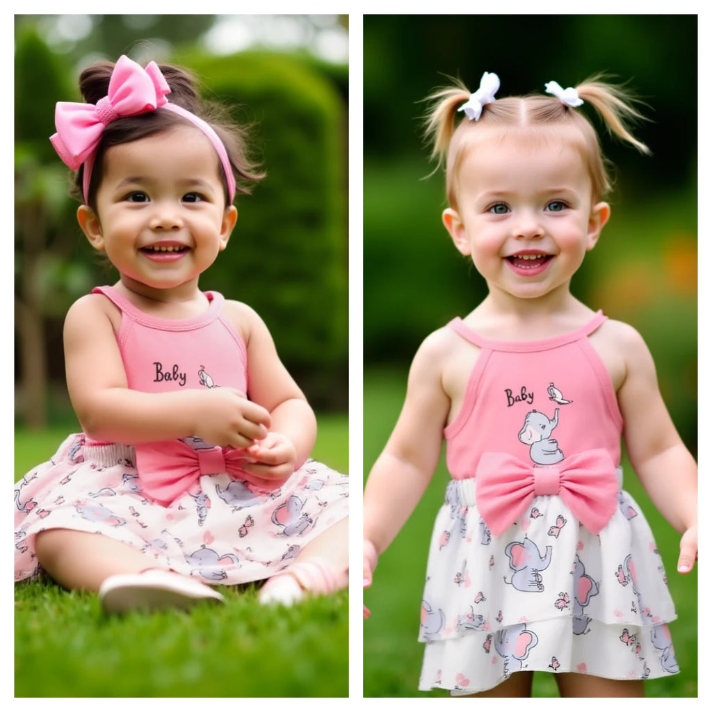 Baby girl Summer Sleeveless Bodysuit Pink Bow Cute Elephant Print Fashionable Bodysuit suitable for 3-24 Months Baby girl