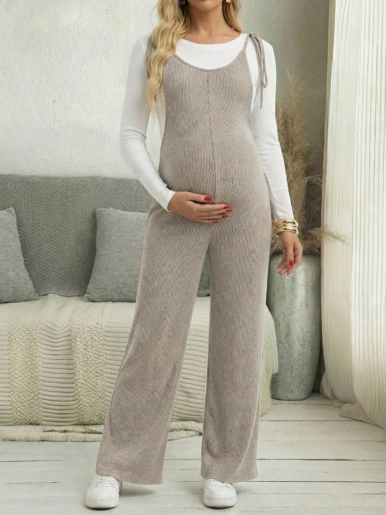 Maternity Women's Two Piece Pants Outfits with Long Sleeve Top and Wide Leg Ribbed Lounge Set for Casual Daily Vacation Wear