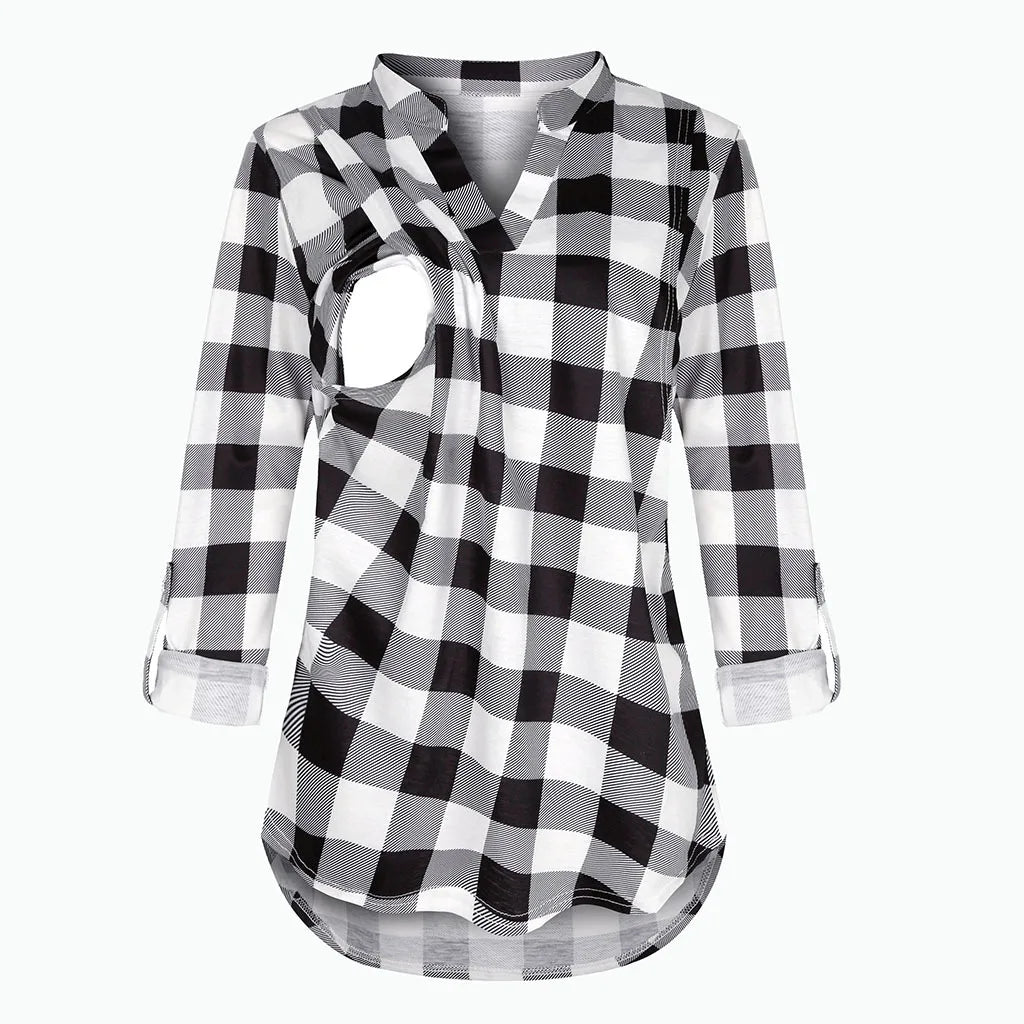 Women's Maternity Breastfeeding T-shirt V-Neck Solid Color Long Sleeve Nursing Tops Clothes for Pregnant Women