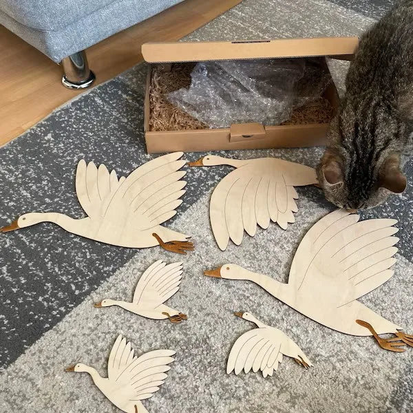 6Pcs/Set Ins Scandinavian Style Wooden Group of Flying Goose Mural Niche Can Be Pasted into the Wall to Cover up Ugliness with Retro Inspiration Wooden Goose Home Background Wall Decoration Nursery Wall Decoration Natural Sty