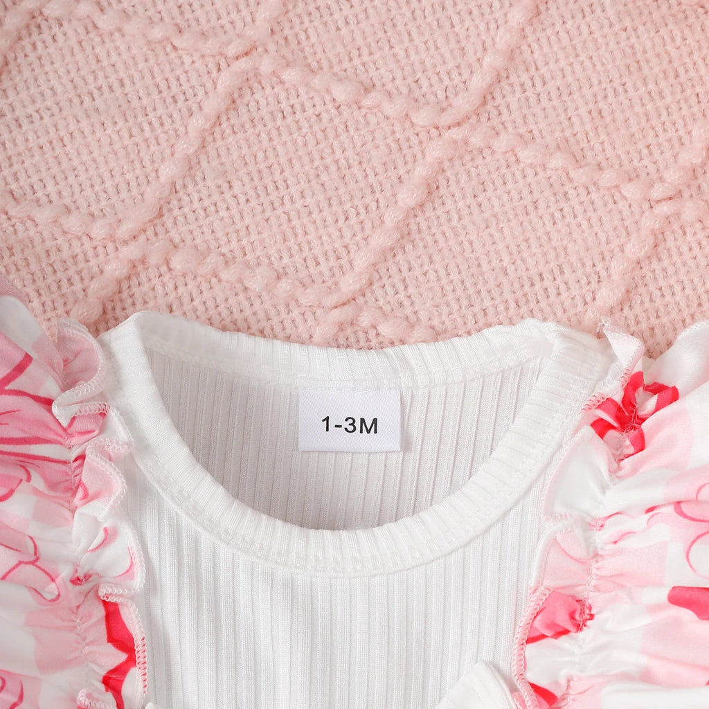 Newborn Baby girl Bodysuit Ruffled edges Bow print Bodysuit for 0-18 Months Cute Baby girl Spring and Autumn Crawling Clothes