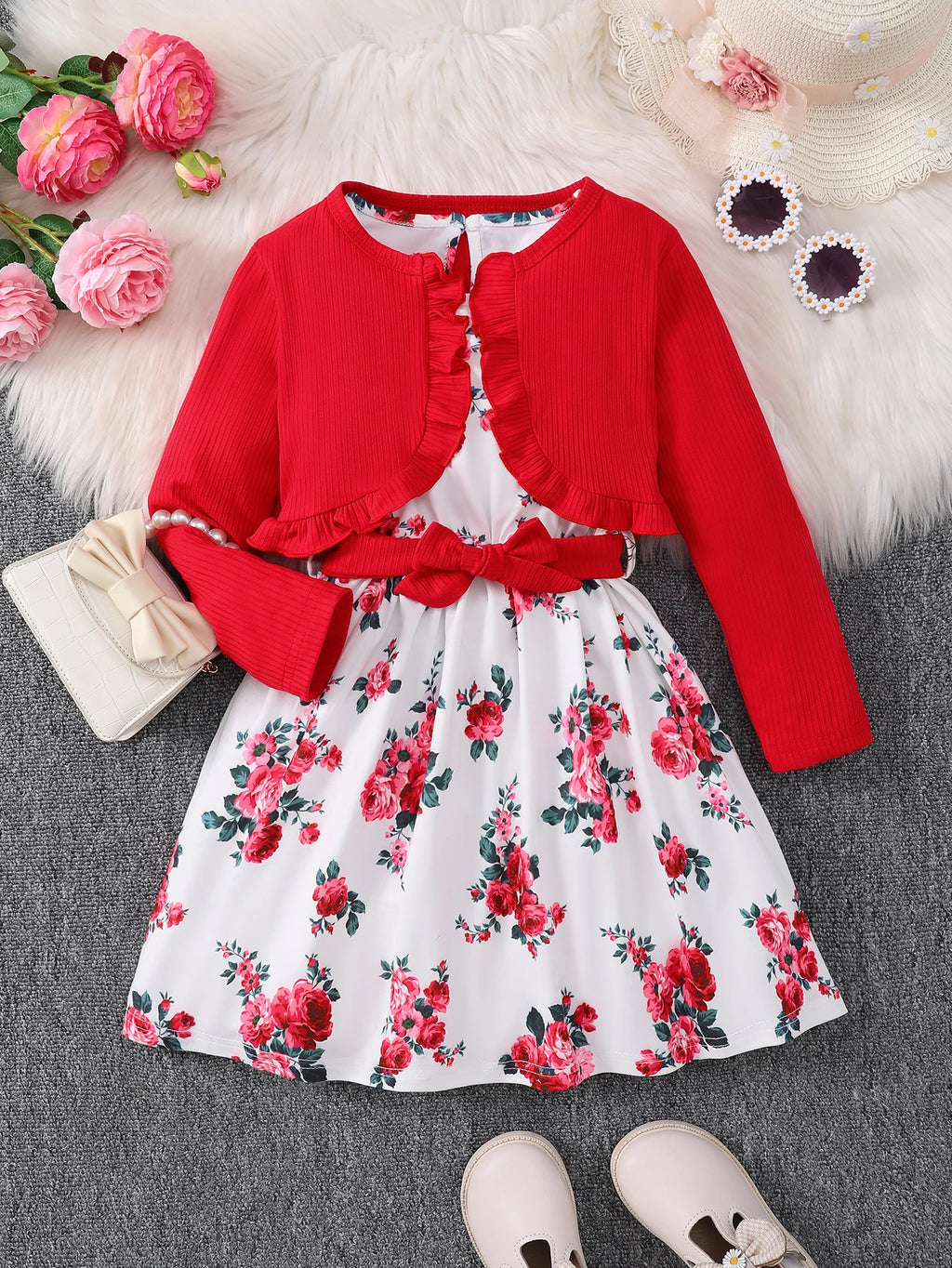 Children's clothing girls' Dress Pretty Flower Sleeveless Dress+ Shawl+belt 3Pcs/Set 4-7 Year Girls' Spring Autumn Fashion Dress
