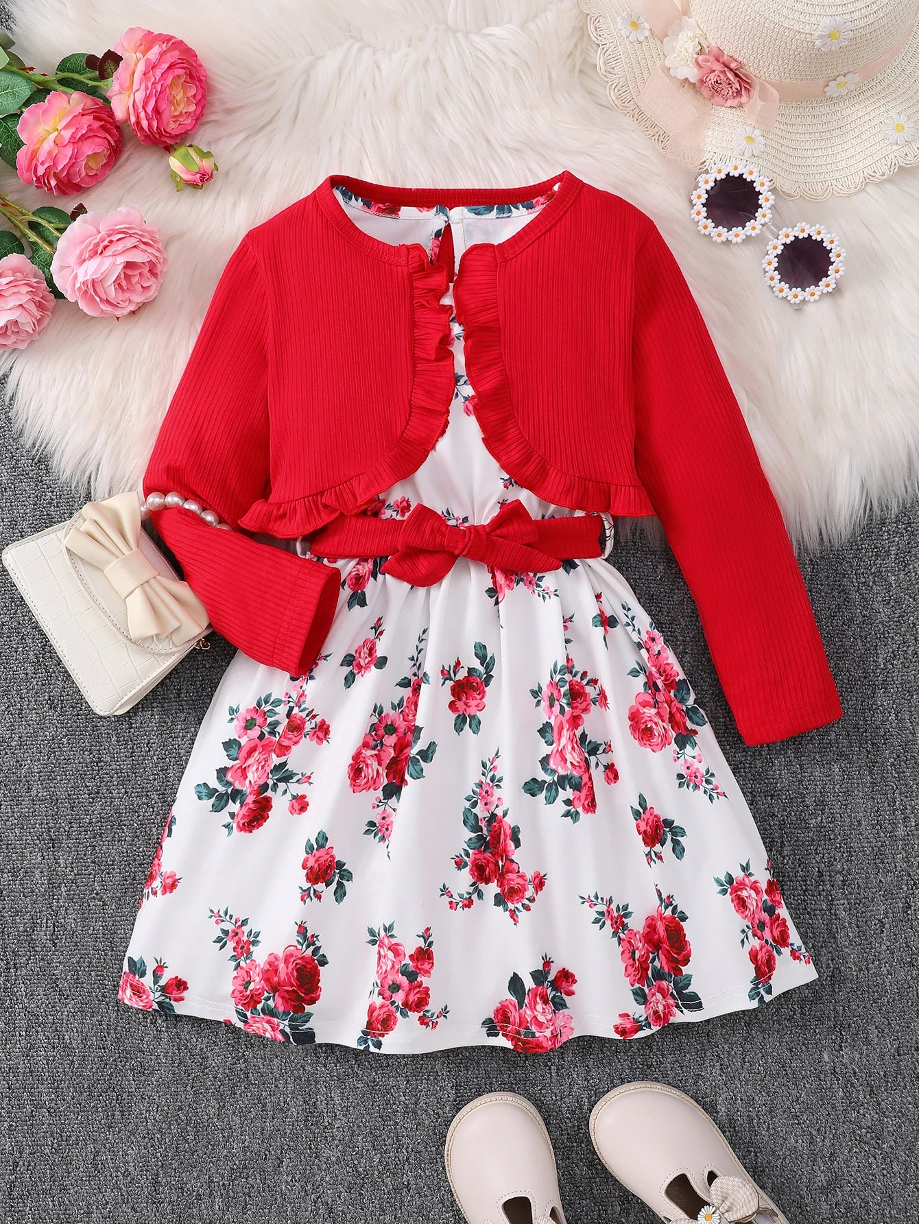 Children's clothing girls' Dress Pretty Flower Sleeveless Dress+ Shawl+belt 3Pcs/Set 4-7 Year Girls' Spring Autumn Fashion Dress