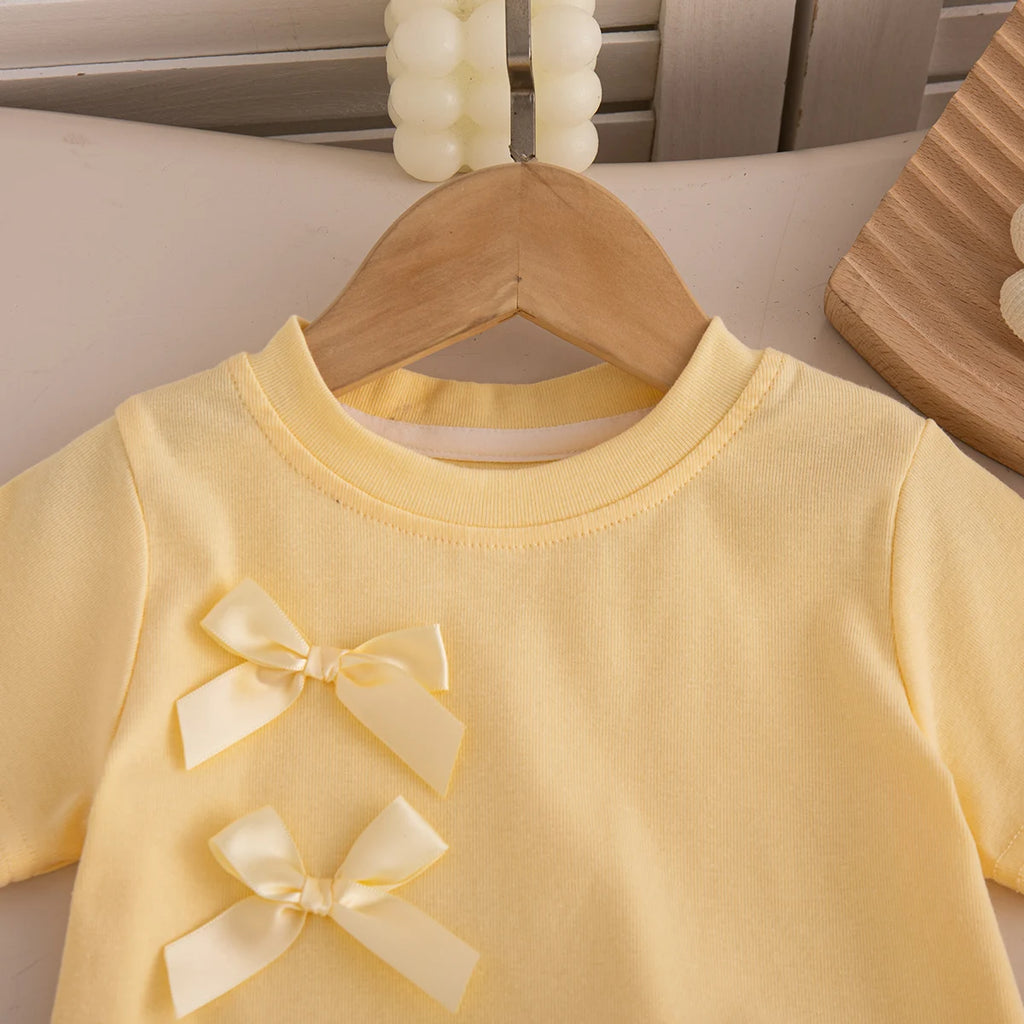 Baby Girl Set Summer Solid-Color Bow Short-Sleeve Top and Shorts Baby Girl Clothes Cute Beach Baby Outfit Set