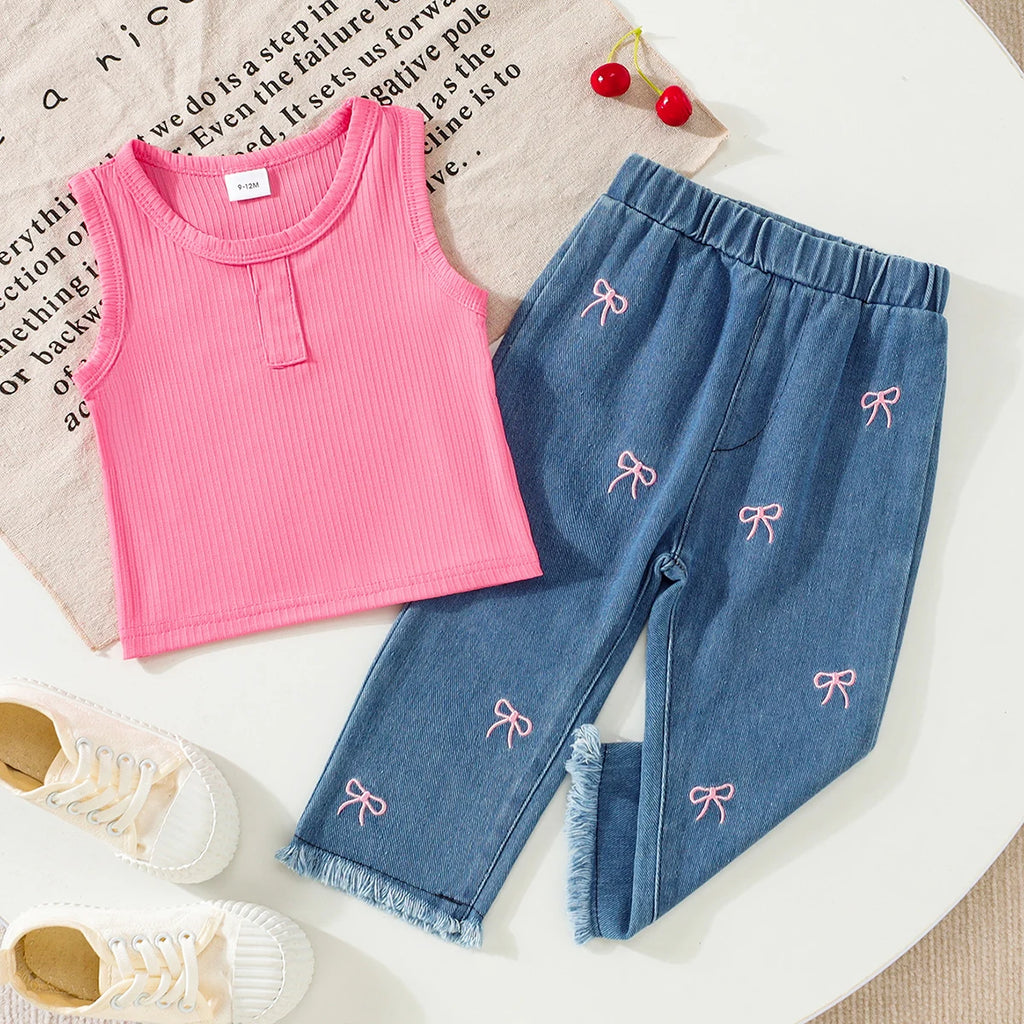 2pcs Summer Baby Girls Ribbed Tank Top Set, 9-12M, Pink Sleeveless Top Bow Embroidered Frayed Hem Jeans, Casual Daily/Party We