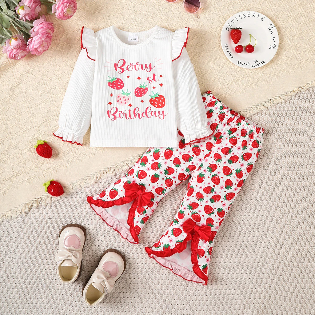 Baby Girl Set Strawberry Printed Long Sleeve+Bellbottom Pants Fashion Set for 0-3 Year Female Baby Spring Autumn Leisure Set