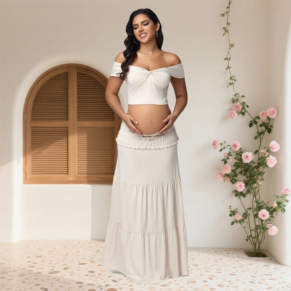 2 Piece Set Maternity Off Shoulder Twist Crop Top Ruffle Maxi Skirt Stretchy for Baby Shower Photoshoot Summer Beach Vacation