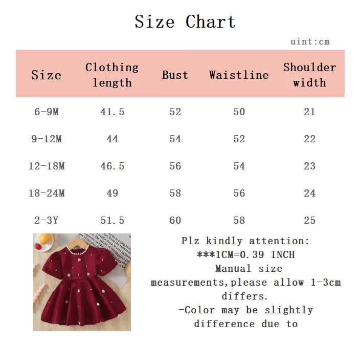 Baby girl Birthday Dress Bubble Sleeves and Pearl Decal wine Red Dress suitable for 0-3 Year old Daby girls Party Princess Dress