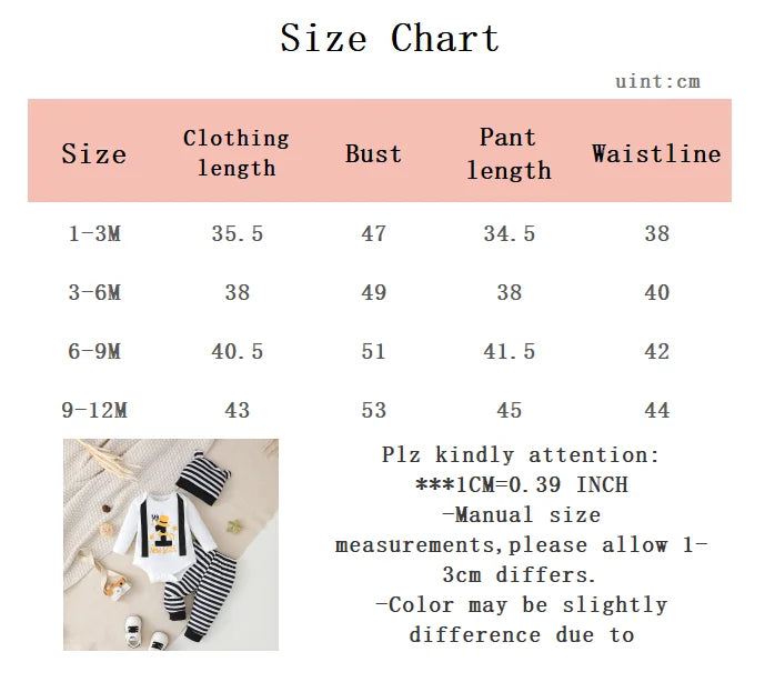 3Pcs Newborn Boy Baby Set Round Neck Digitally Printed Onesie + Black Striped Pants + Hat Set for 0-18 Months boy Baby Set