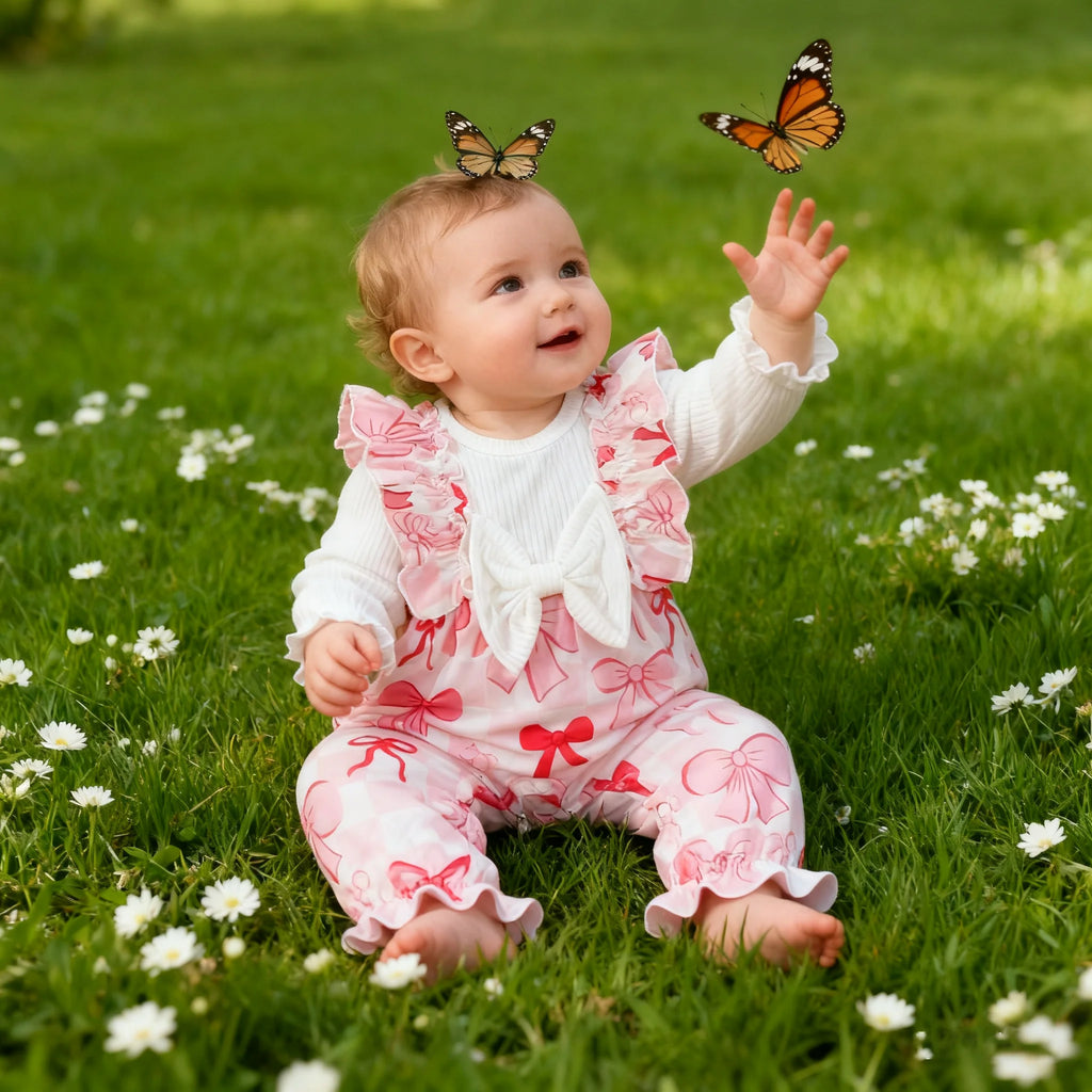 Newborn Baby girl Bodysuit Ruffled edges Bow print Bodysuit for 0-18 Months Cute Baby girl Spring and Autumn Crawling Clothes