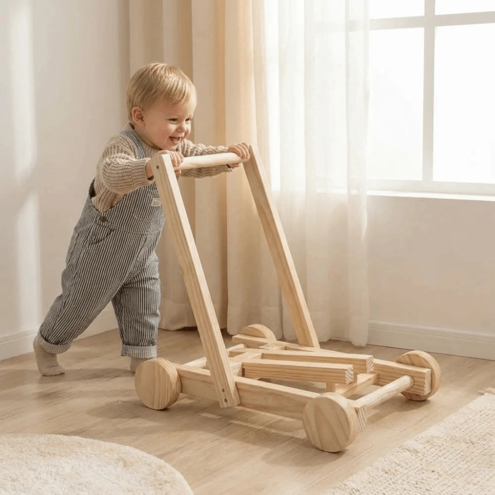 Adjustable Speed Height No-Knot Wood Baby Walker Wheeled Push-Pull Durable Baby Walking Trainer Safe Sturdy Non-Toxic