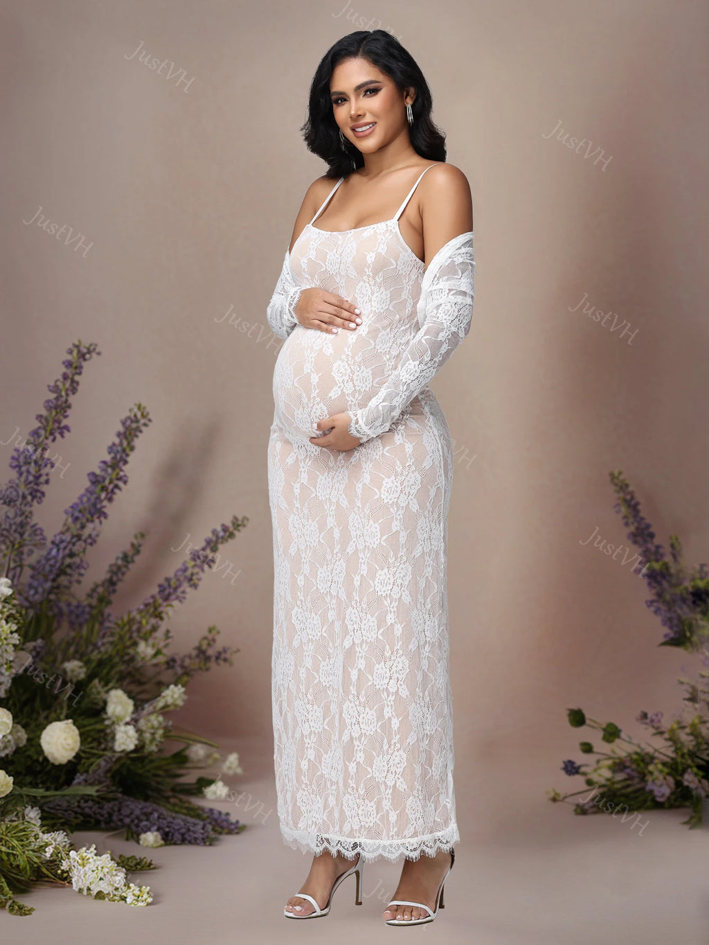 2026 Women's Maternity Long Sleeve Top & Spaghetti Strap Dress 2Pcs Photography Outfits Floral Lace Gown for Baby Shower Party
