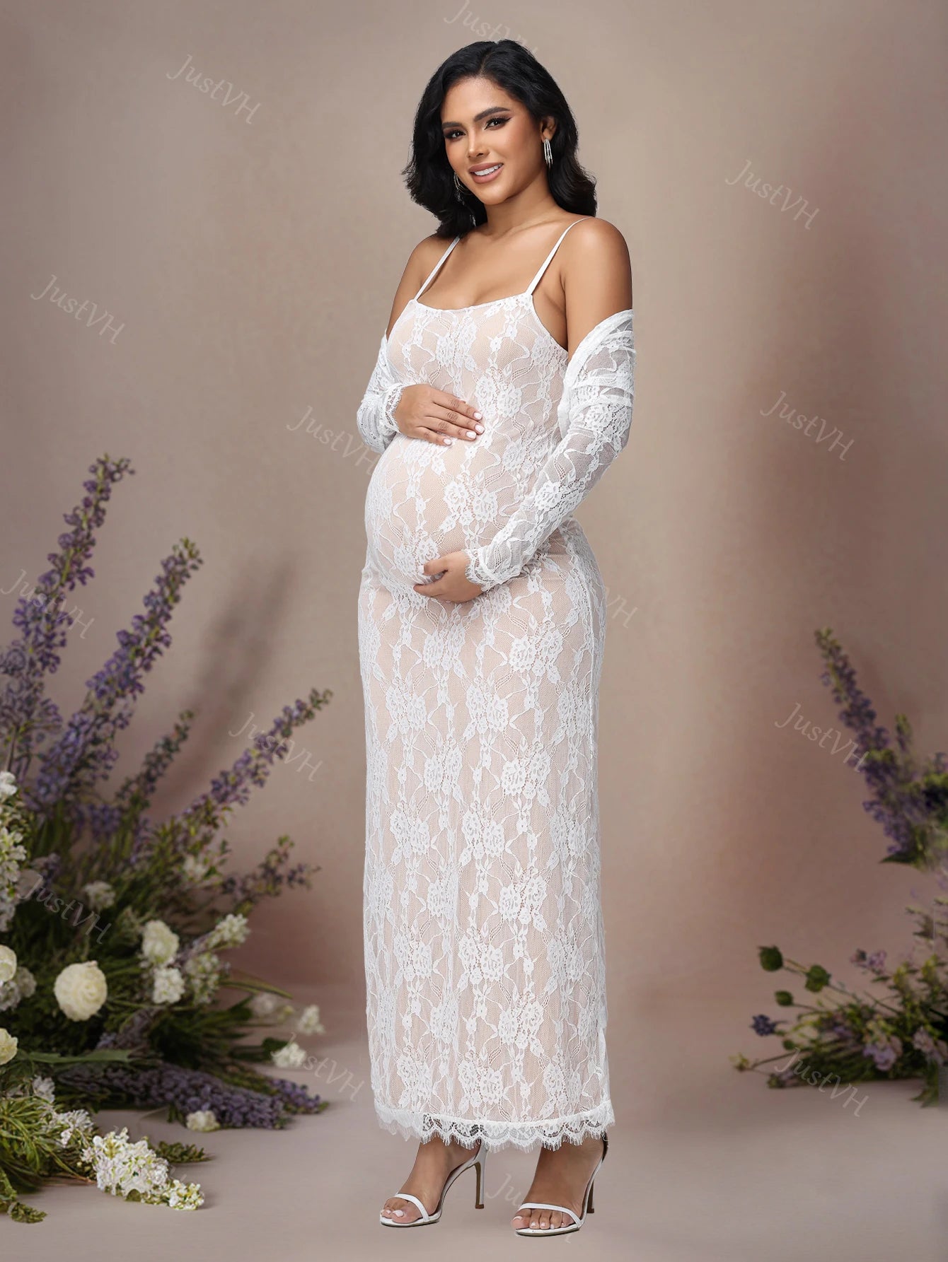 2026 Women's Maternity Long Sleeve Top & Spaghetti Strap Dress 2Pcs Photography Outfits Floral Lace Gown for Baby Shower Party