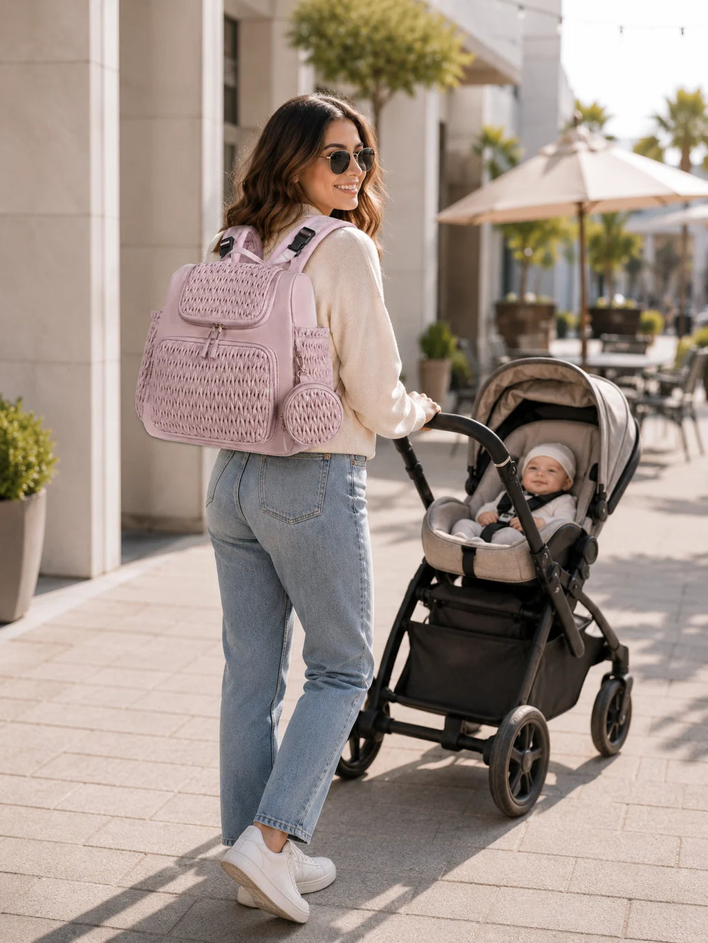 Fashion Mommy Diaper Backpack Large Capacity Baby Bag Herringbone Quilted Travel Nursing Bag with Multi Pockets Side Pouch for M