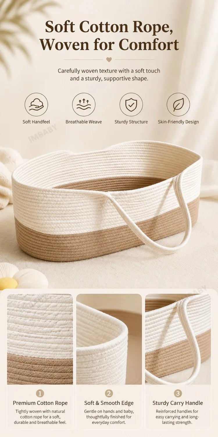 Portable Cotton Rope Baby Moses Basket, Breathable Woven Newborn Sleeping Bed with Handle, 2-in-1 Nursery Storage Organizer