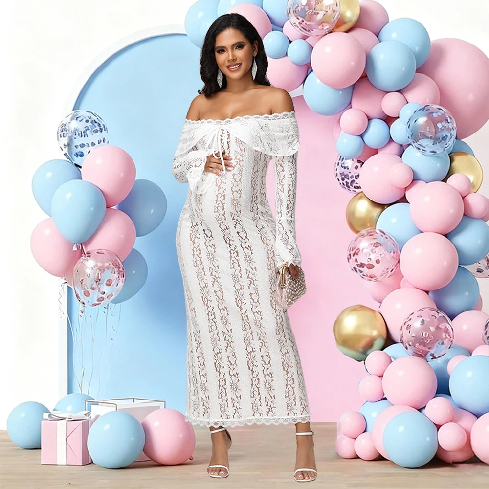 Maternity Lace Off Shoulder Dress Long Bell Sleeves Slim Photography Gown for Photoshoot Baby Shower