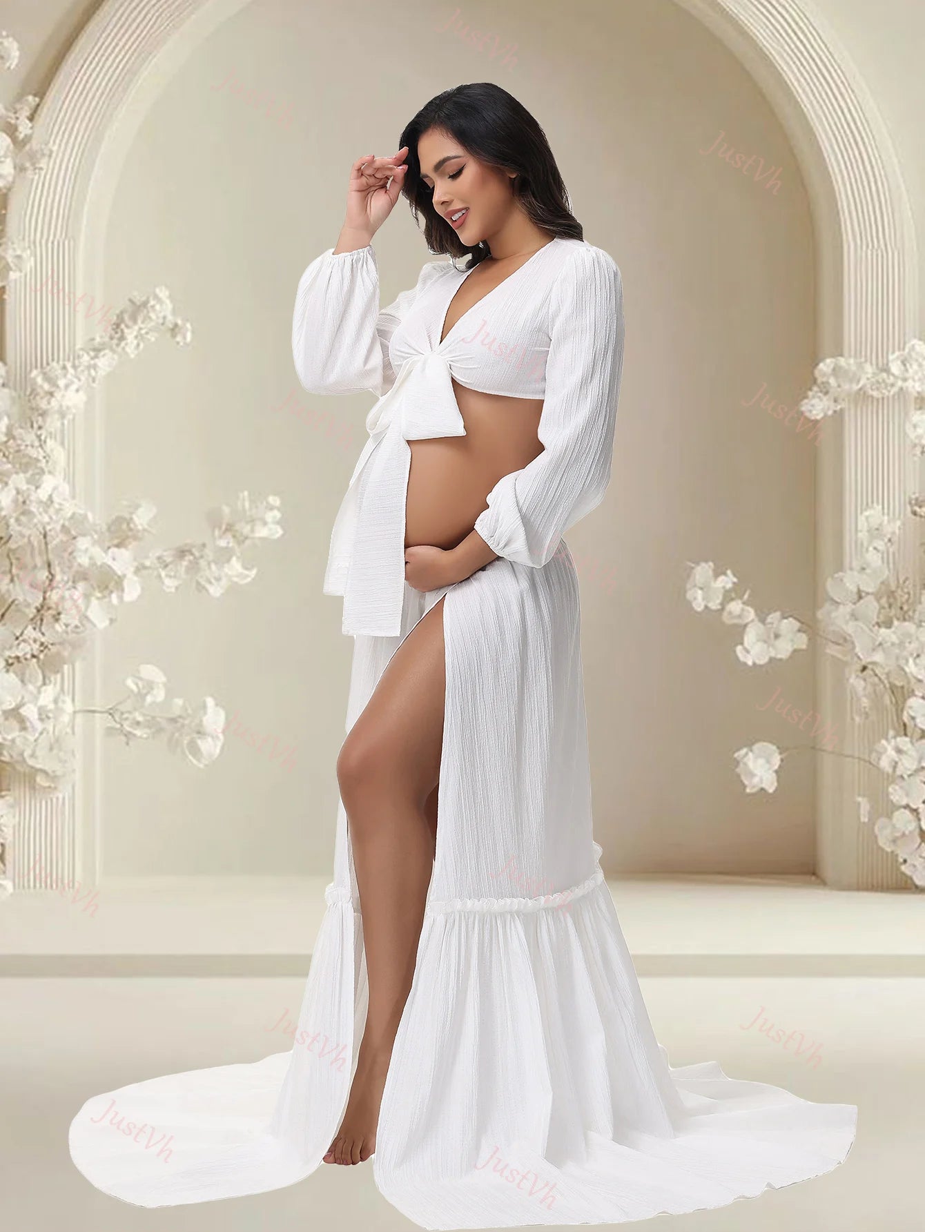 Maternity Photoshoot Outfit V-Neck Long-Sleeved Sexy Wrap Top Side-Slit Long Skirt Set Pregnant Woman For Baby Shower
