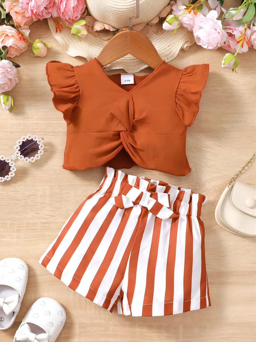 0-2 Year Old Baby Girl Summer Fashion Love Collar Ruffled Short Sleeved And Striped Shorts Two-piece Set