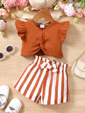 0-2 Year Old Baby Girl Summer Fashion Love Collar Ruffled Short Sleeved And Striped Shorts Two-piece Set