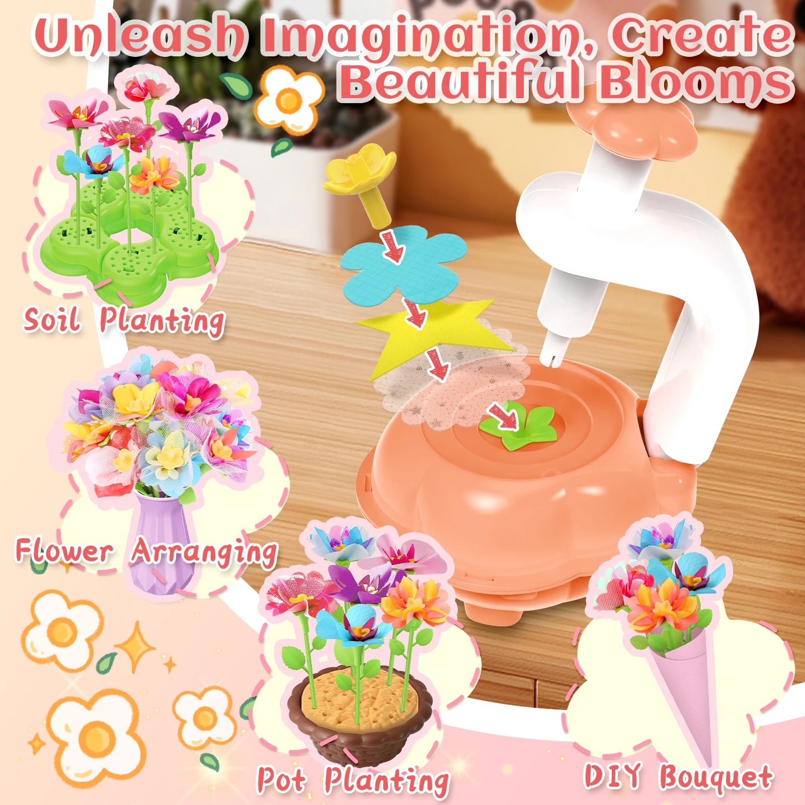 DIY Rose and Butterfly Flowers vase Fabric Flower Bouquet Craft Kit Handmade Girls Toy Birthday Gift Playset decoration