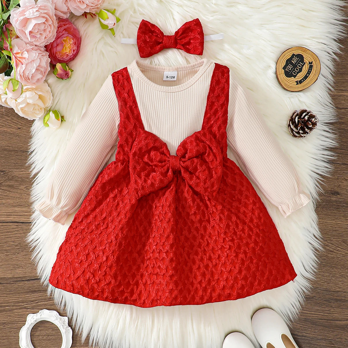 Toddler Girl Dress And Headband Set 0-3Y Cotton Blend Long Sleeve Party Dress For Festive Occasions