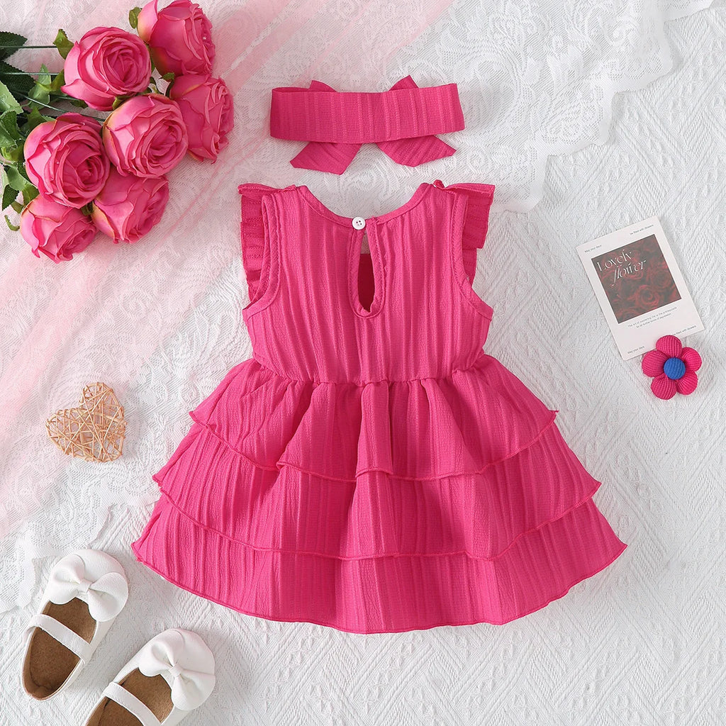 2Pcs Newborn Baby Girl Dress with Ruffles and Cake Skirt + Hairband Set, Suitable for 0-24 Months, Fashion Dress for Baby Girls