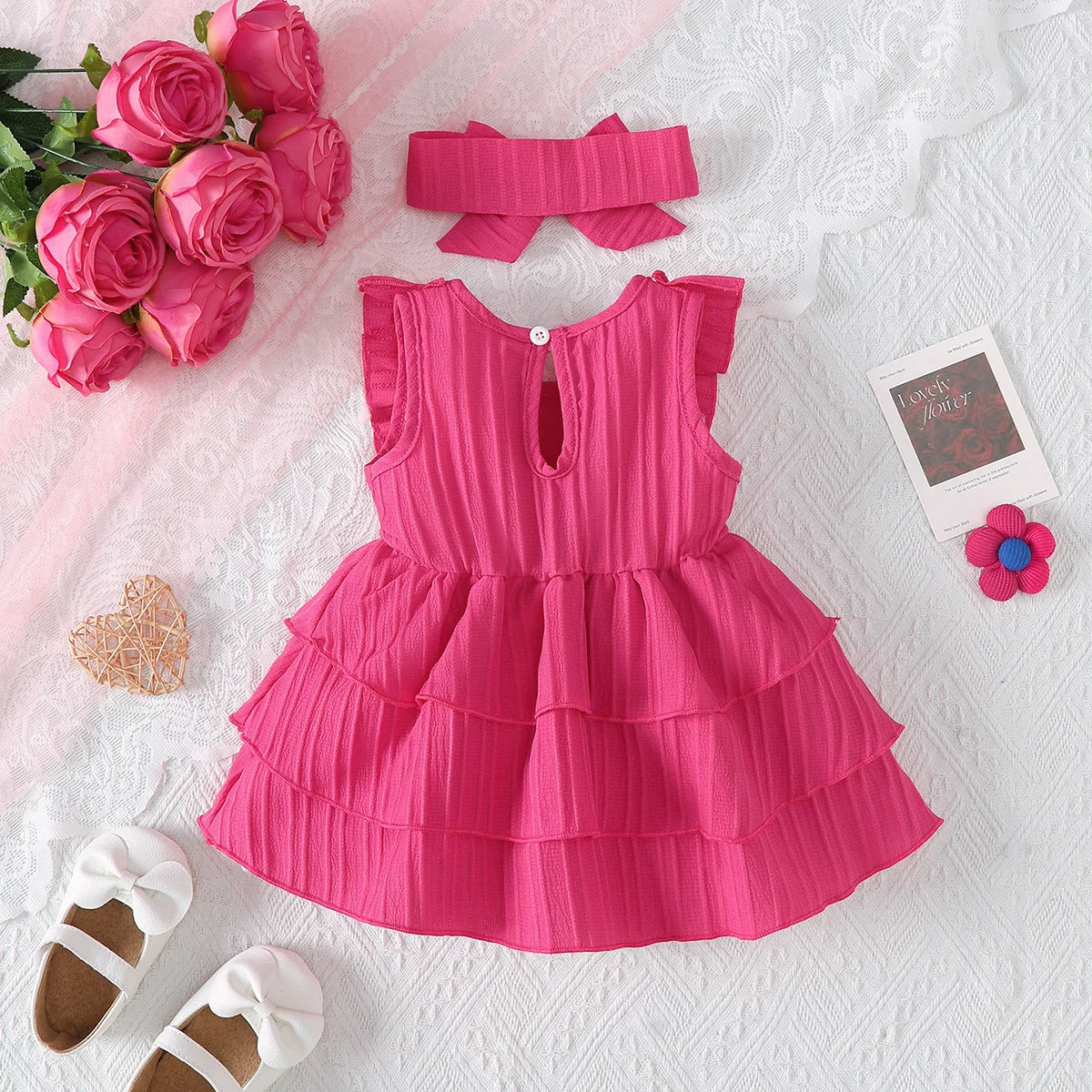 2Pcs Newborn Baby Girl Dress with Ruffles and Cake Skirt + Hairband Set, Suitable for 0-24 Months, Fashion Dress for Baby Girls