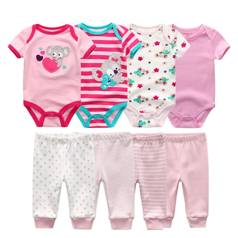 8-Piece Cartoon Baby Bodysuits and Pants Cotton Newborn Unisex Short Sleeve Onesies Trousers 0-12 Months