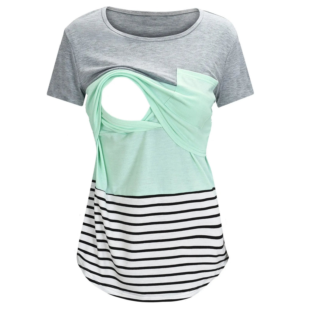 New Maternity Clothes Casual Tops Nursing For Breastfeeding T Shirt Striped Print Women Maternity Short Sleeve Maternity Blouse