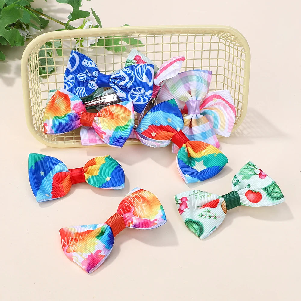 Random 60Pcs Cartoon Printing Hair Bows Hair Clip Baby Girls Hairbangs Hairgripes Fresh Rural Style Kids Headwear