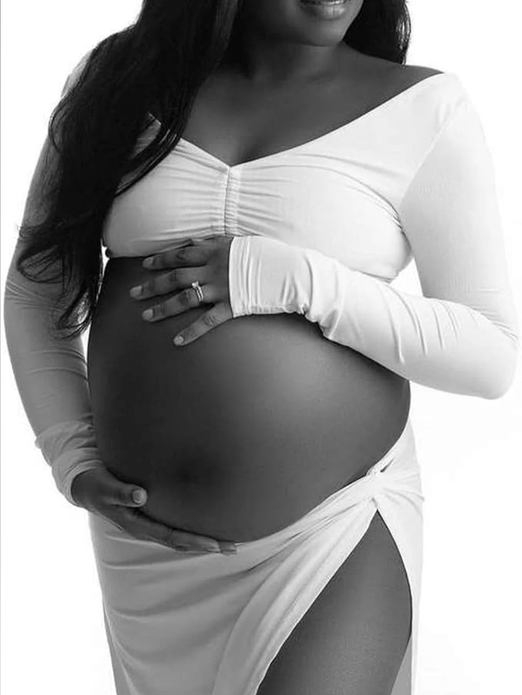 Maternity 2 PC/Set V Neck Cut Out Backless Long-Sleeved Rawstring Top Slit Dress Set Photography Outfit For Baby Shower Party