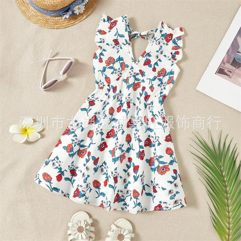 Parent-child Backless Dress Mummy Daughter Summer Floral Vestidos New Children Printed V-neck Gown Family Short Sleeve Clothing