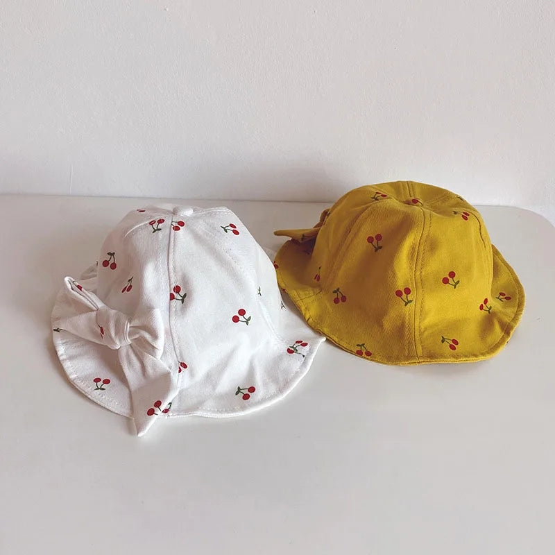 Cute Bowknot Baby Fisherman Hat Cherry Print Infant Bucket Cap 6-36Month Girls Kids Sunshade Visors Outdoor Children Basin Caps