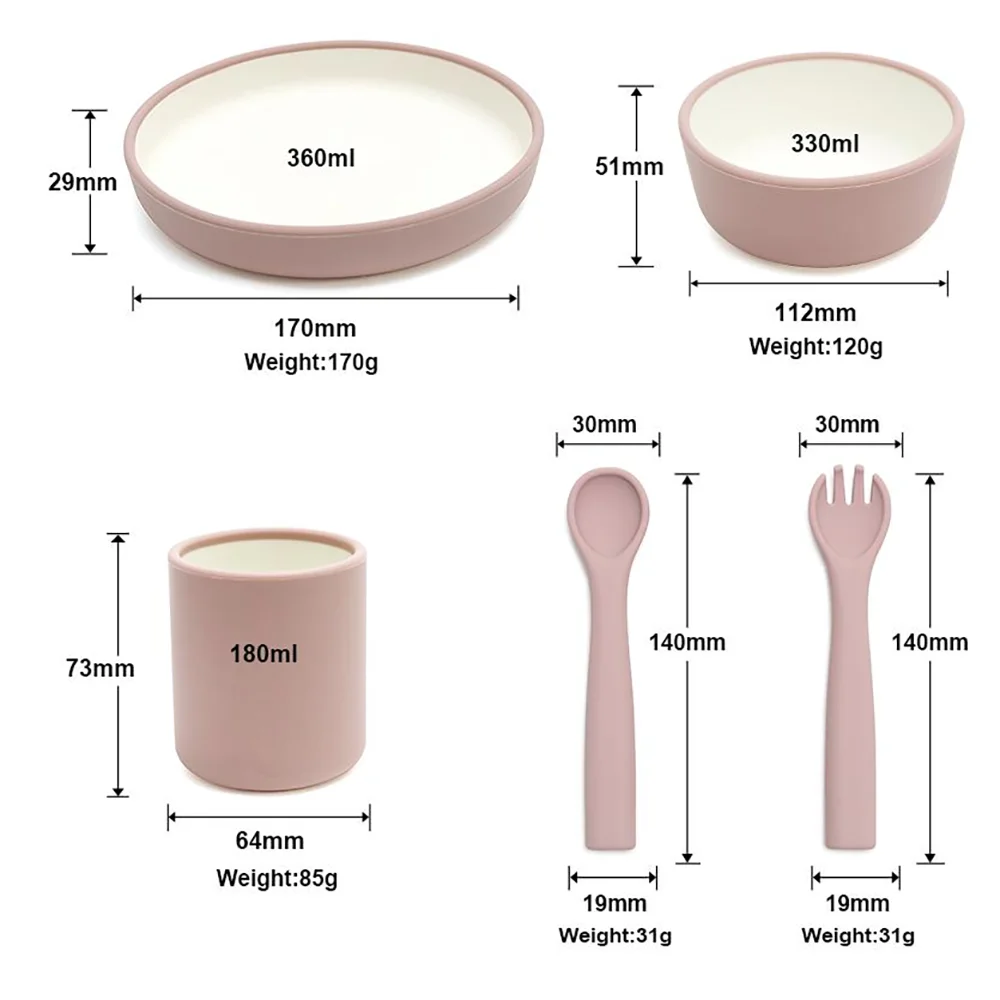 Minimalist Silicone Baby Feeding Set, 5-Piece No Suction Cup Plate Bowl Cup Fork Spoon Set, 1st Birthday Gift