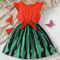 Girls Summer Knitted Digital Printed Watermelon Flying Sleeve Ruffle Sleeve Dress Holiday Beach Party Gift