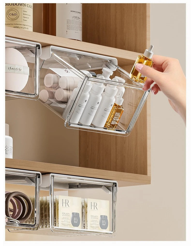 Transparent Drawer Storage Box Pull-Out Under Mirror Cabinet Oragnizer Case Bathroom Makeup Cotton Stick Makeup Holder Organizer