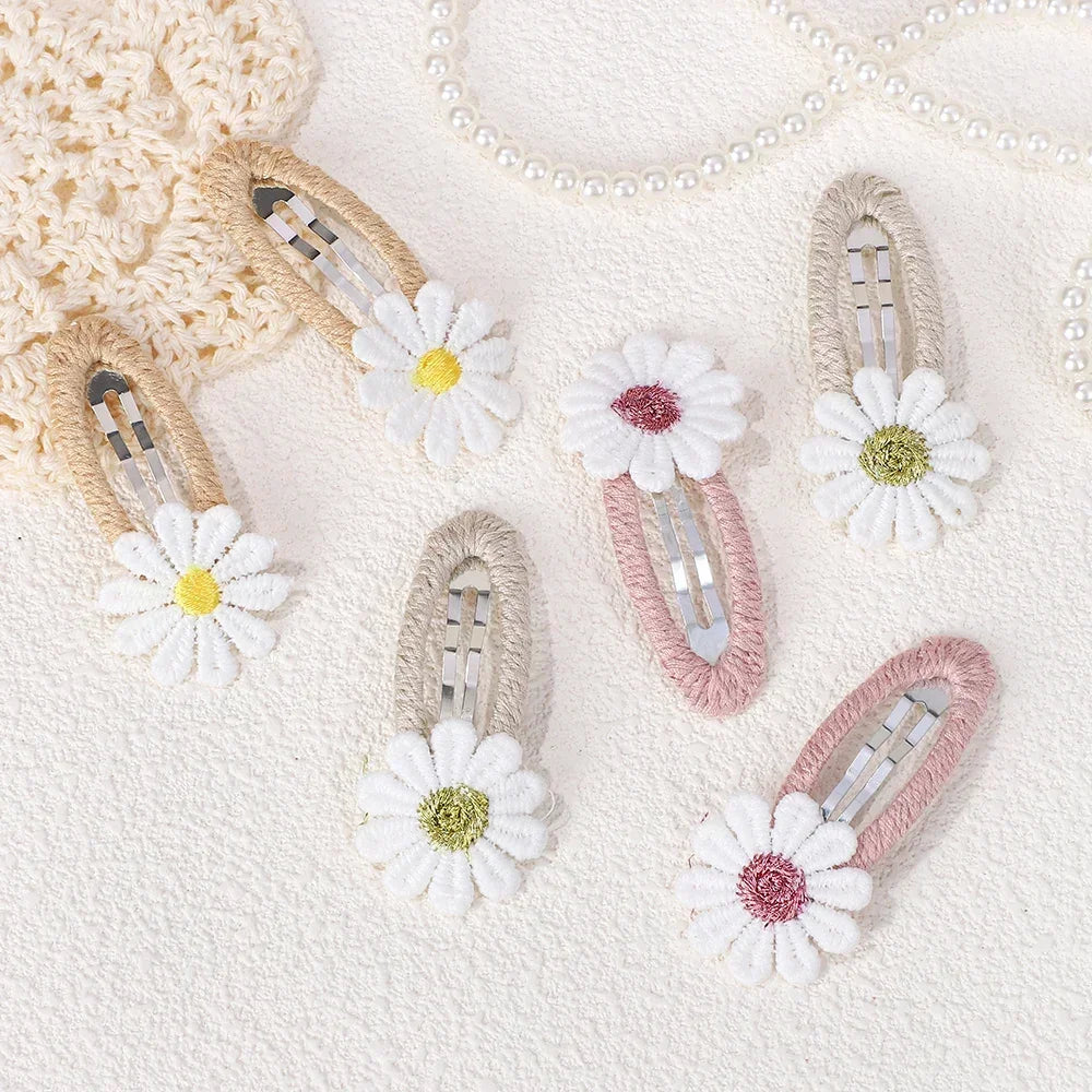 6PCS Cute Daisy Flower Hair Clips Bangs Hairpins for Kids Lace White Barette Princess Hairgripes Children Hair Accessories