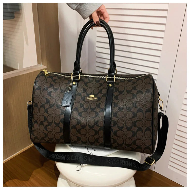 Classic Vintage Monogram Travel Duffle Bag, Trendy Versatile Overnight Weekender Bag with Top Handles & Adjustable Strap