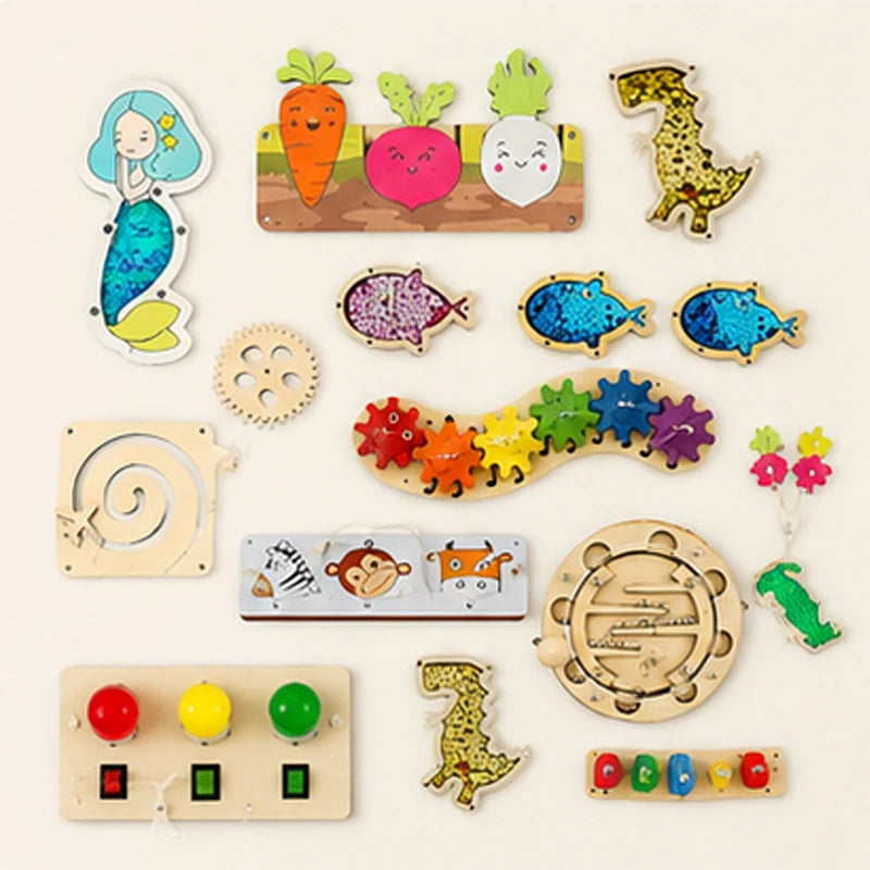 Montessori Busy Board Toddlers Wooden Sensory Activity  LED Switch Gears Maze Lacing  Fine Motor Skills Learning Set for Kids