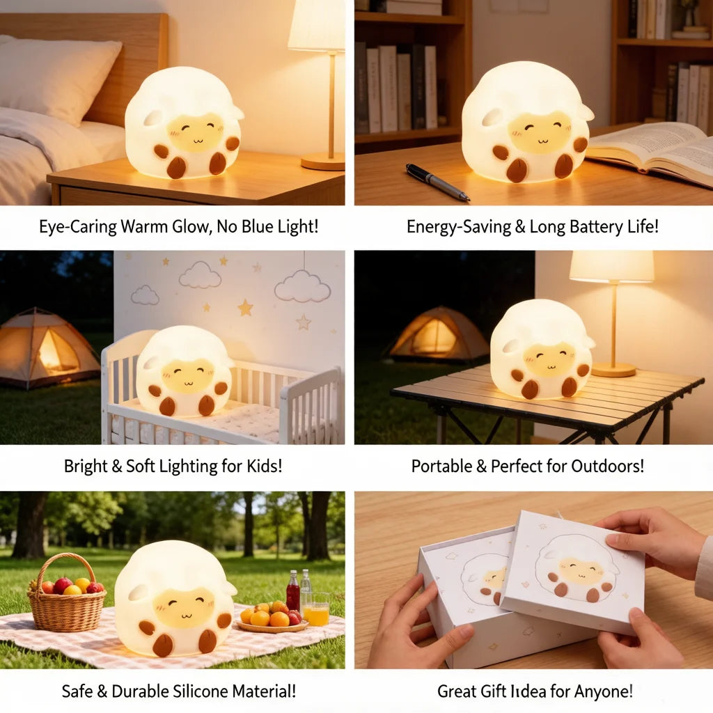 Cute Silicone Sheep Patting LED Night Light USB Rechargeable Dimmable Eye-Friendly Lamp for Kids Bedroom Decor Birthday Gift