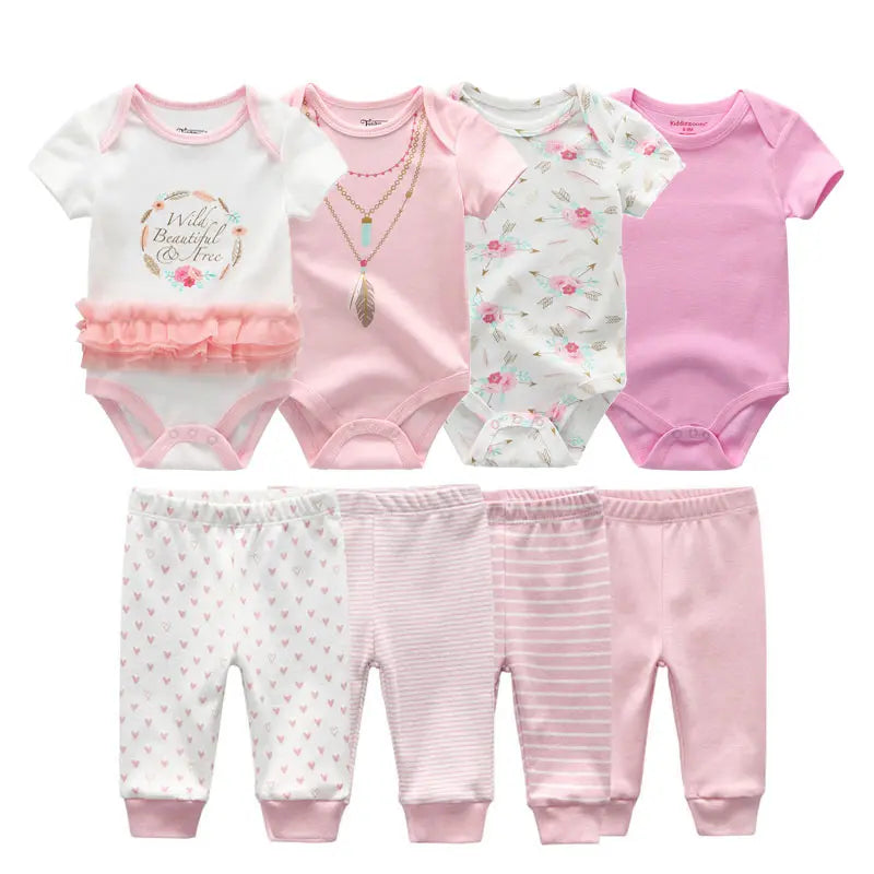 8-Piece Cartoon Baby Bodysuits and Pants Cotton Newborn Unisex Short Sleeve Onesies Trousers 0-12 Months