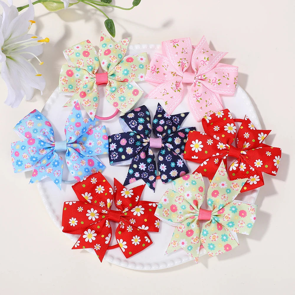 50Pcs Random 3inch flower bowknot hair rope for girls fresh printing head ties toddler cute ponytail hair band set