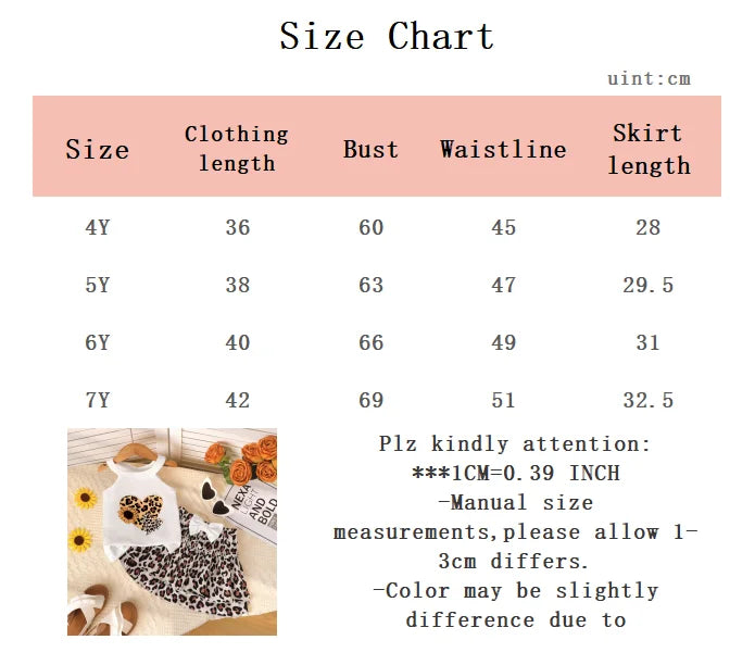 2Pcs Girls' Set sleeveless Leopard Print Heart Print Top +Bow Leopard Print skirt set 4-7 Year old Girls' Summer Fashion Set