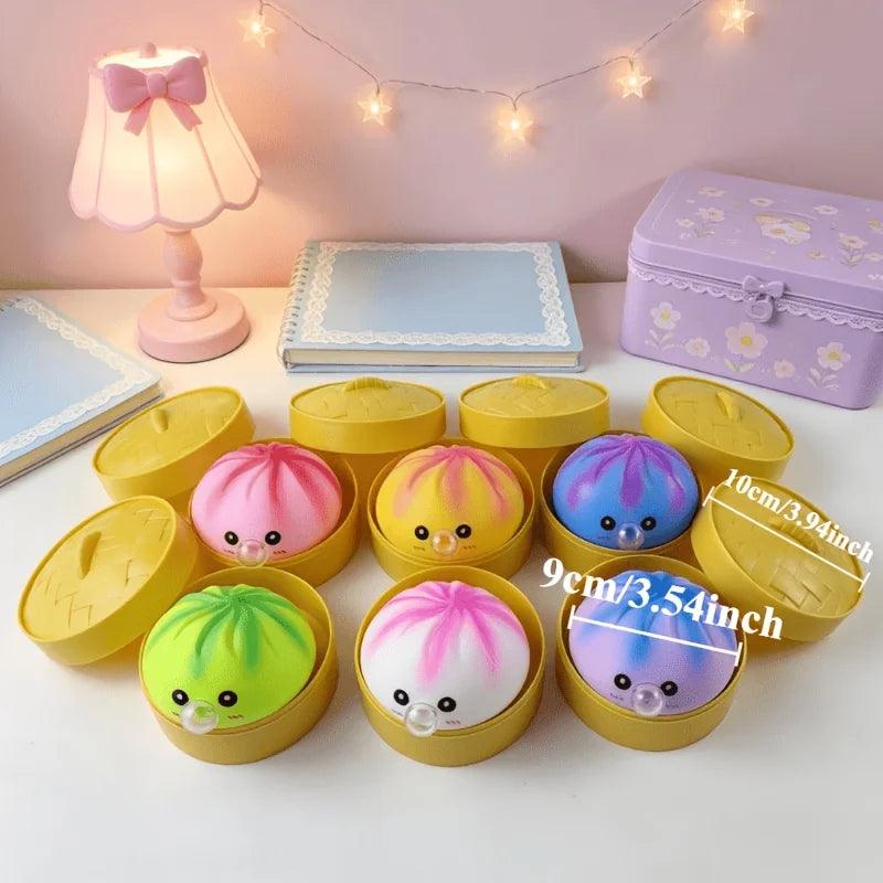 Kawaii Bubble Blowing Bun Squishy Set, Soft Baozi Squeeze Toy with Steamer Lid Base, Rising Stress Ball Funny Fidget Toy Kids